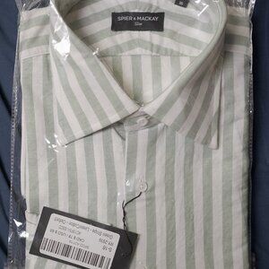 Spier & Mackay NWT Green & White Striped Linen/Cotton Oxford - Size 16 Slim